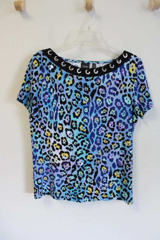 Rafaella Blue Leopard Short Sleeved Shirt | M-- Notch Collar Peter Pan Collar Cowl Neck