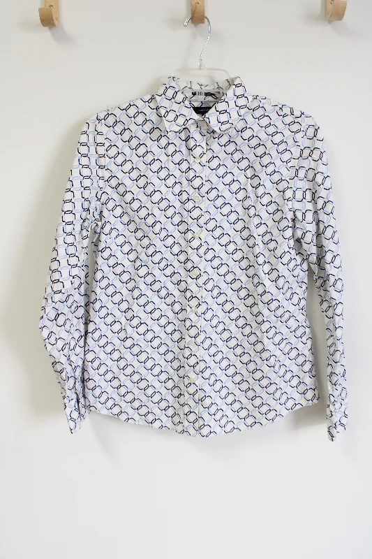 Lands' End Pinpoint Oxford Blue White Button Down Shirt | 8-- Real Fur Shearling Chenille
