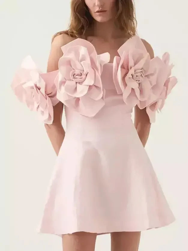 Floral-Appliques Pink Fit and Flared Off-Shoulder Mini Dress Chic Mini Dress with V-Neck