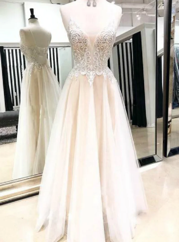 Champagne Tulle V Neck Lace Backless Long Prom Dress Tunics Gym athletic