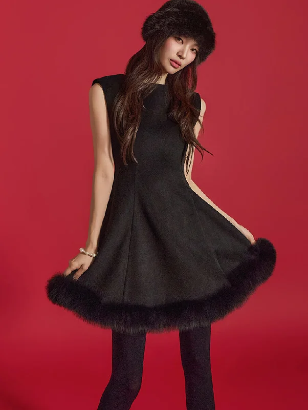 D5153 Fur Mini Dress Elegant Mini Dress with Pleats