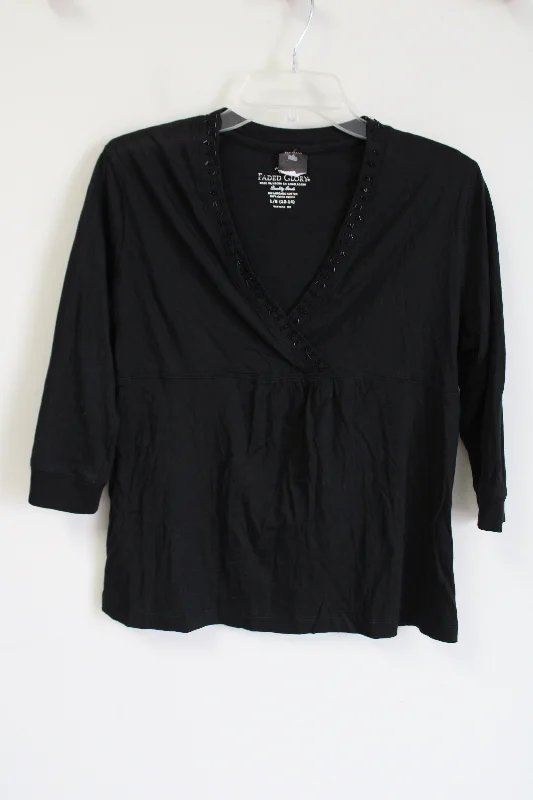NEW Faded Glory Black Beaded Long Sleeved Shirt-- V-Neck T-Shirt Long Sleeve Cotton