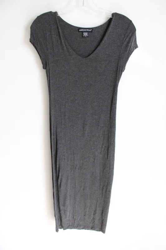 American Dream Gray Fitted Midi T-Shirt Dress | S-- Collared Crew Neck Turtle Neck