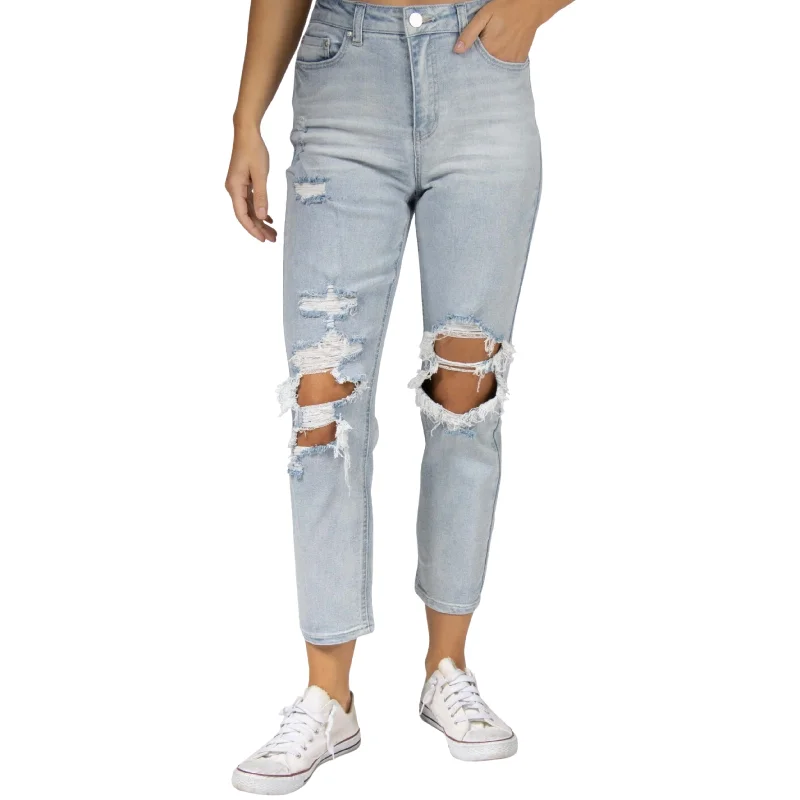 INDIGO REIN - Ripped Stretch Mom Jeans Comfortable Ankle Jeans