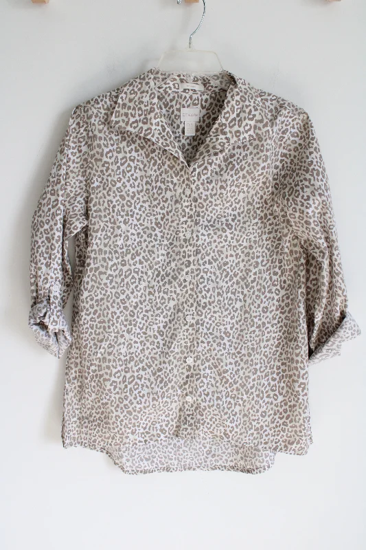 Chico's Tan Leopard Print Button Down Shirt | 0.5 (S/6)-- Knit Fabric Woven Fabric Fleece Fabric
