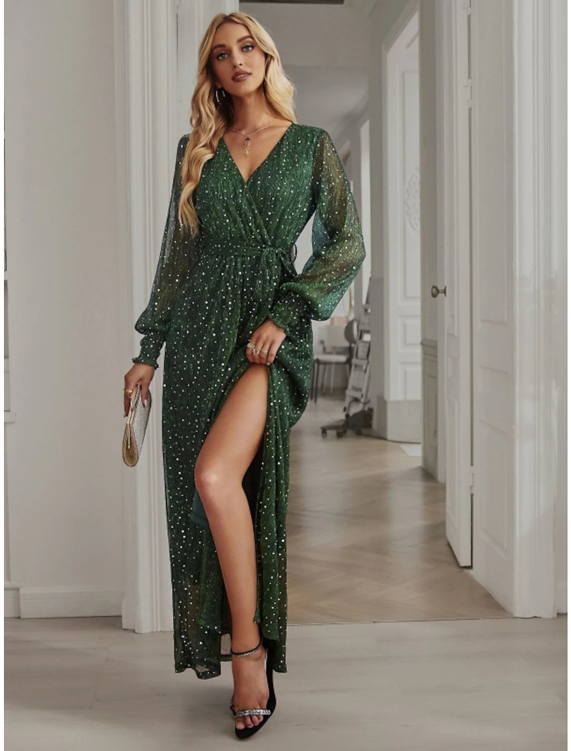 A-Line Party Dresses Sparkle & Shine Dress Birthday Fall Ankle Length Long Sleeve V Neck Chiffon with Glitter Sequin Slit Tunics Trendy modern A-Line Party Dresses Sparkle & Shine Dress Birthday Fall Ankle Length Long Sleeve V Neck Chiffon with Glitter Sequin Slit Tunics Trendy modern