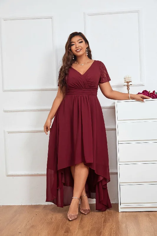 TastyHottie - Lace Burgundy Plus Size Asymmetrical Party Dress Tunics Business professional