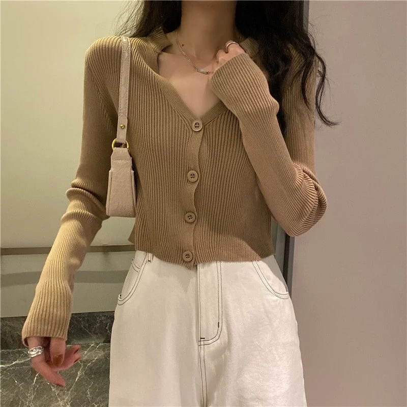 V-neck Knitted Sweater Cardigan Women's Trendy Top Coat    S2826