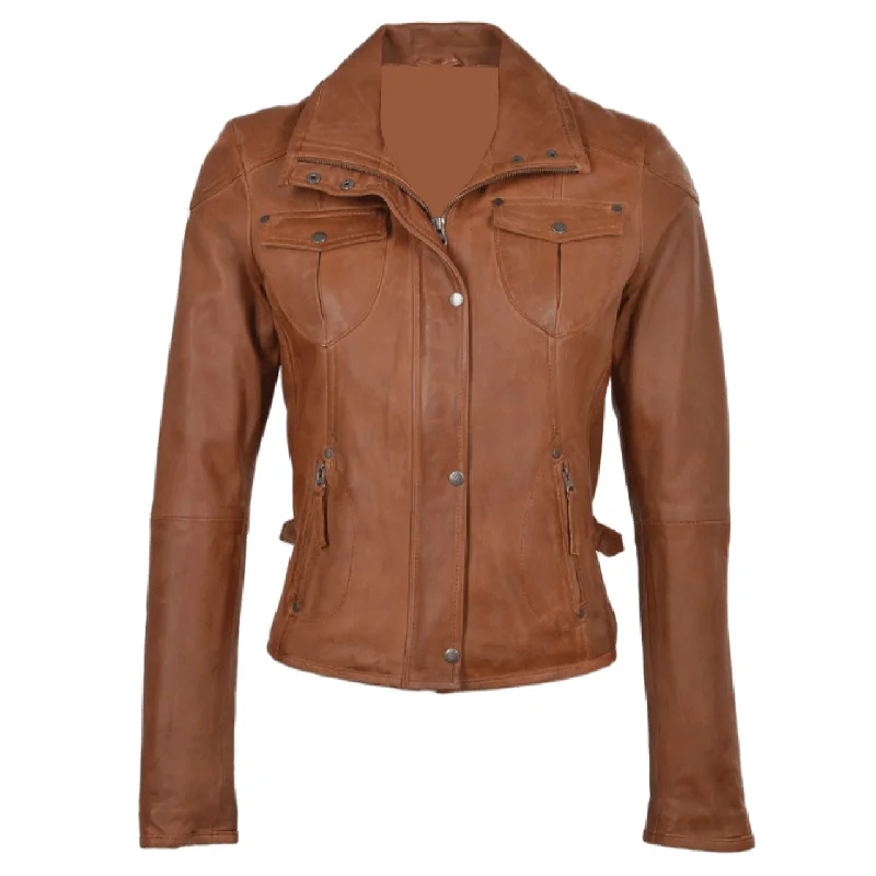 Brown Bomber Biker with Lining Sheepskin Leather Jacket Women