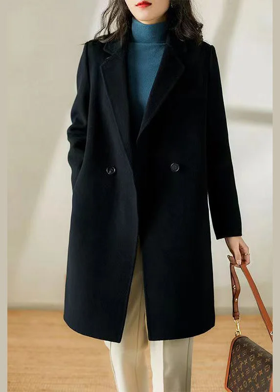 Chic Black Peter Pan Collar Pockets Patchwork Woolen Trench Winter Chic Black Peter Pan Collar Pockets Patchwork Woolen Trench Winter