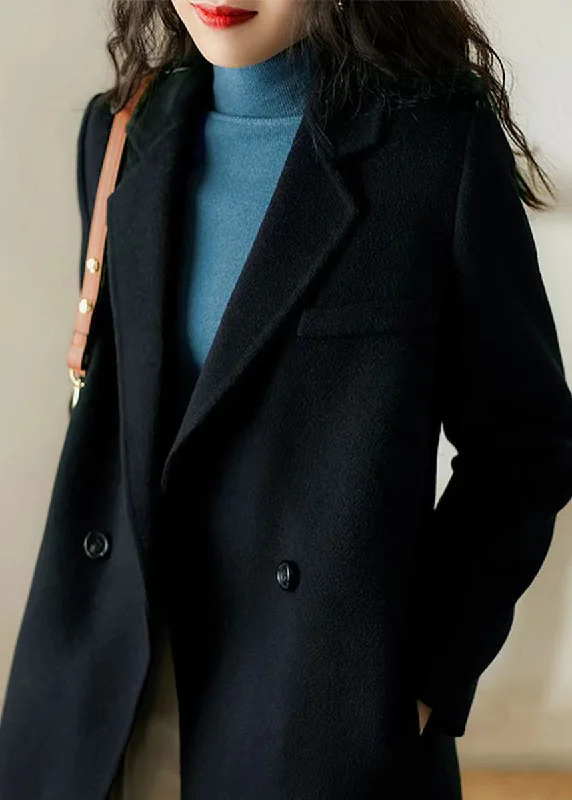 Chic Black Peter Pan Collar Pockets Patchwork Woolen Trench Winter Chic Black Peter Pan Collar Pockets Patchwork Woolen Trench Winter