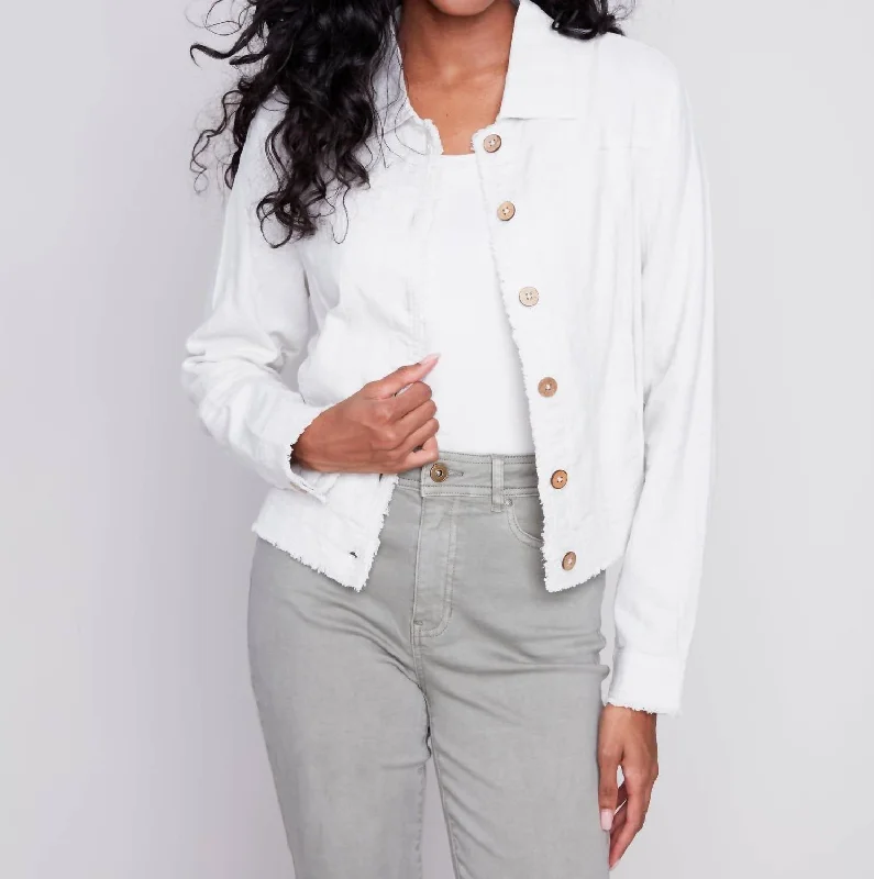 Frayed Edge Twill Jacket In White