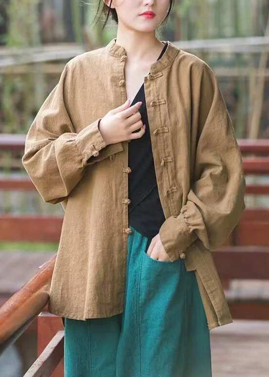 Khaki Button Patchwork Cotton Coats Stand Collar Spring Khaki Button Patchwork Cotton Coats Stand Collar Spring