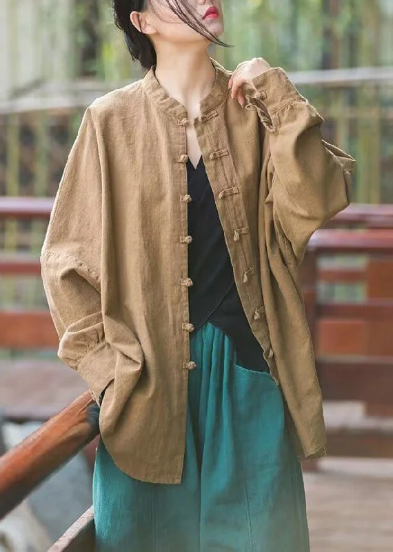 Khaki Button Patchwork Cotton Coats Stand Collar Spring Khaki Button Patchwork Cotton Coats Stand Collar Spring
