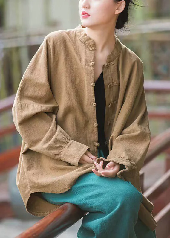 Khaki Button Patchwork Cotton Coats Stand Collar Spring Khaki Button Patchwork Cotton Coats Stand Collar Spring