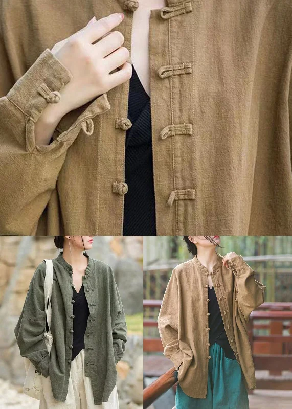 Khaki Button Patchwork Cotton Coats Stand Collar Spring Khaki Button Patchwork Cotton Coats Stand Collar Spring
