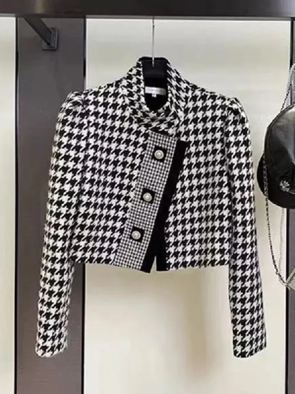 Luxury Brand Houndstooth Vintage Tweed Jacket Coat New Autumn Winter Fashion High Street Small Fragrance Woolen Short Outerwear