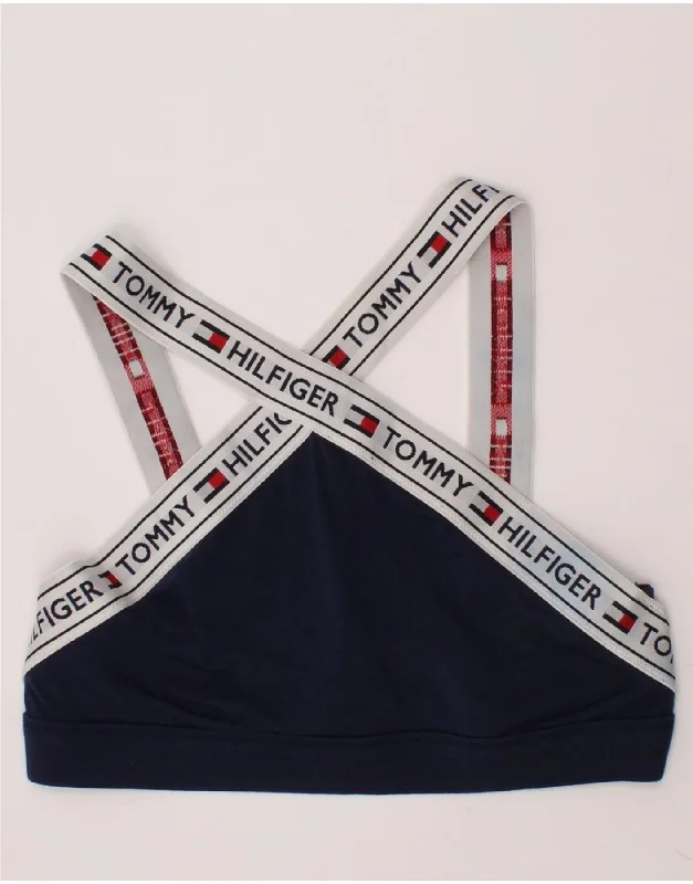 TOMMY HILFIGER Womens Graphic Sport Bra Top UK 14 Large Navy Blue Cotton