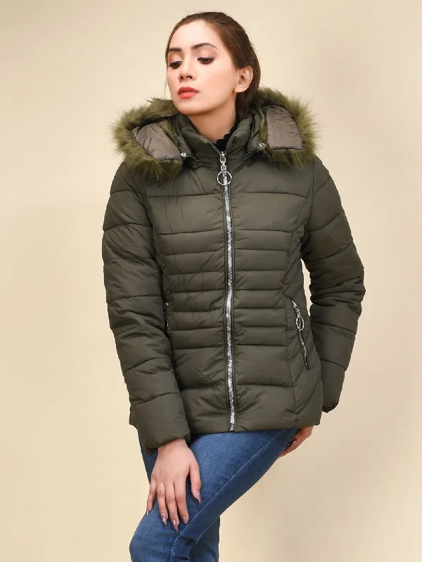 Faux Fur Puffer Jacket - Army Green