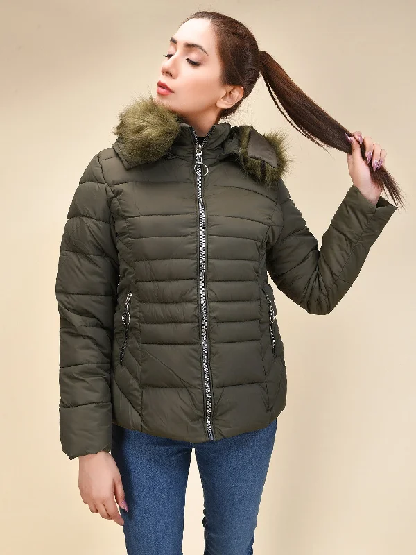 Faux Fur Puffer Jacket - Army Green