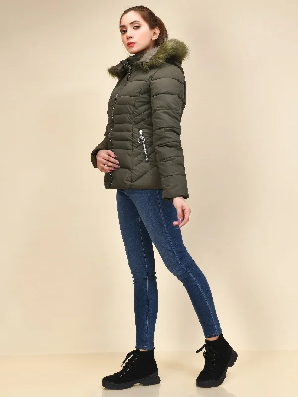 Faux Fur Puffer Jacket - Army Green