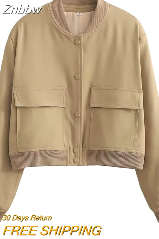 Znbbw Breated Bomber Jacket Coat Women Elegant Long Sleeve Large Pocket Short Coat Spring Ladies Fashion Coats