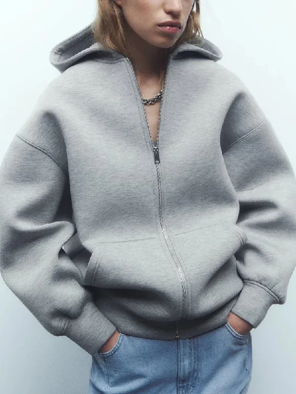 Znbbw Elegant Women Hoodies Bomber Jacket Long Sleeve Big Pocket Zipper Solid Casual Coat 2023 Autumn Winter Warm Outerwear 0410