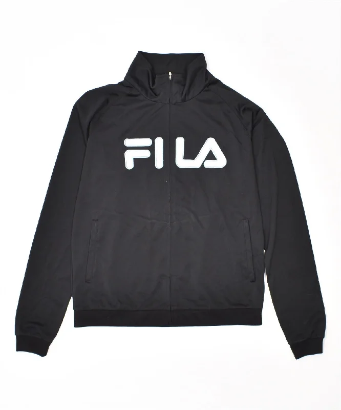 FILA Womens Graphic Tracksuit Top Jacket UK 12 Medium Black Polyester