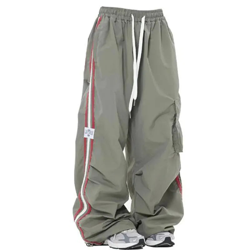 Getadme Y2K Kpop Cargo Pant Women Drawstring Pockets Wide Leg Chic Punk Pants Baggy Striped Sports Sweatpants Parachute Jogger Trousers Breathable loose-fit cotton joggers everyday