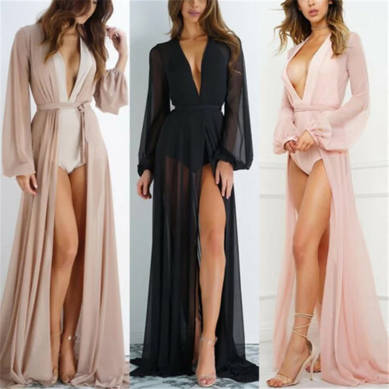 2020 Summer Brand Feminino Women Transparent Beach Maxi Dress Swimwear Bikini Cover-up Tunic Chiffon Female Bathing Suit Bold Swimsuit Design